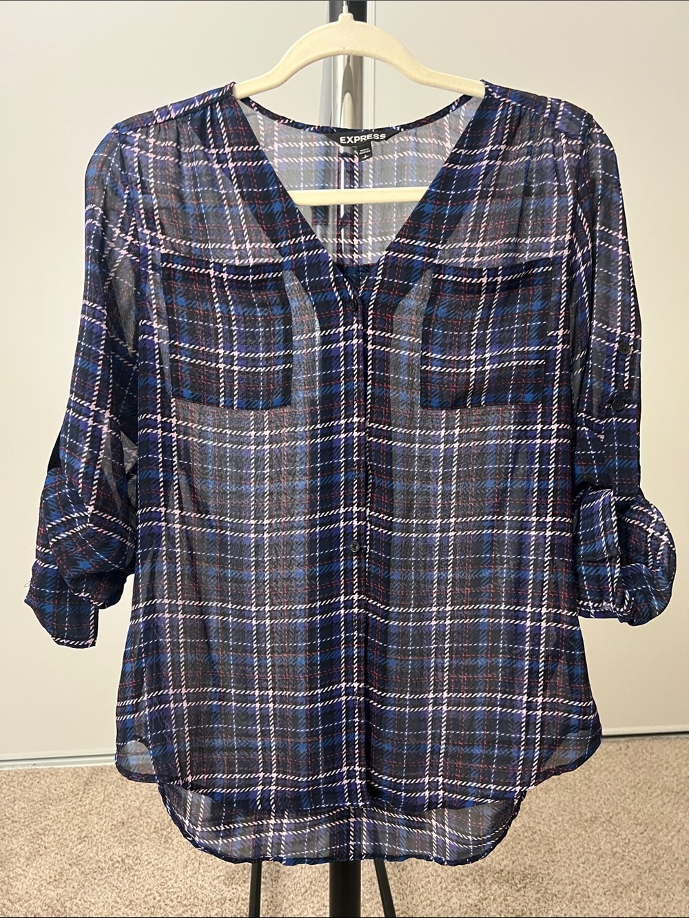 Express Women's Navy and White Plaid Sheer V-Neck Blouse